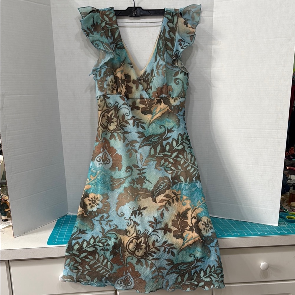 Breaking’ Loose Vintage 90s Blue/Brown Paisley Flutter Sleeve Midi Dress Size 10